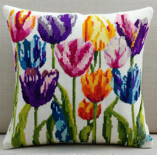 FanZheZhe kreuzstichkissen set vorgedruckt Tulpe 11ct45x45cm Stickpackung Stickset Kreuzstich Kissen zum Basteln Stickkissen Stickpackung mit Vorgedruckt Kreuzstichmotiv