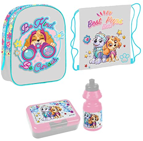 Familando Paw Patrol Kinder-Rucksack für Mädchen 4-teiliges Set mit Brotdose, Trinkflasche und Turnbeutel für Kinder-Garten/Krippe Rosa-Grau