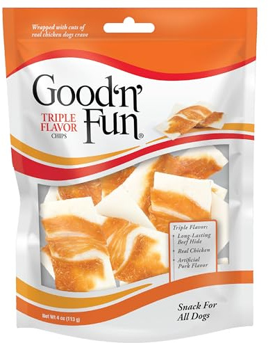 Good'n'Fun Triple Flavor Chips, Dog Chew Treats, Premium Chicken and Beef Hide Treats for Dogs, 4 oz