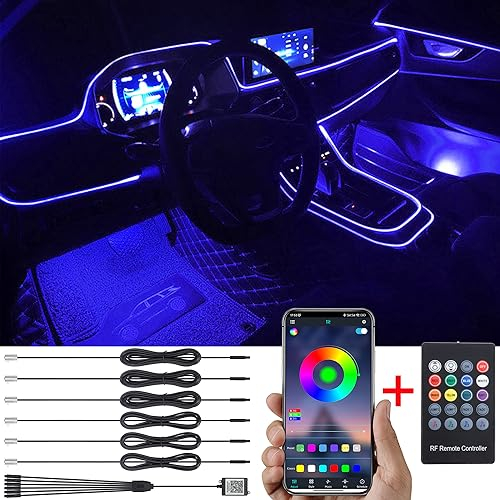 TABEN Auto Umgebungslicht RGB Fernbedienung + APP-Steuerung Dekorative Lampe DIY Refit Flexibles Glasfaserrohr 64 Farben Innenbeleuchtung Atmosphärenlicht 1W DC 12V 8m