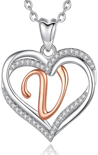 INFUSEU Initial Necklace, Double Heart V Rose Gold Letter Pendant 20 Inch Chain Cubic Zirconia CZ Personalised Jewelry For Women Female Ladies