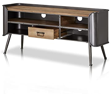 KHG TV-Lowboard mit 4 Fächern & 1 Schublade, TV-Bank aus braunem Massiv-Holz & lackiertem Metall-Mix, Fernsehtisch im Vintage-Industrial-Look, Kiefer-Echtholz - 140 x 63 x 38 cm (B/H/T)