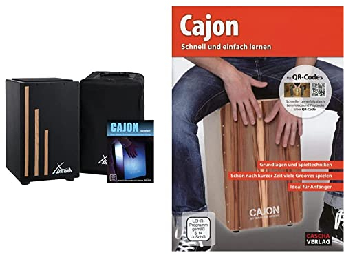 XDrum Cajon Primero Negra - Kistentrommel inkl. Rucksacktasche und Schule - Trommelkiste mit Snare Sound - Holz Drum Kiste mit Gigbag & Cajon - schnell und einfach lernen