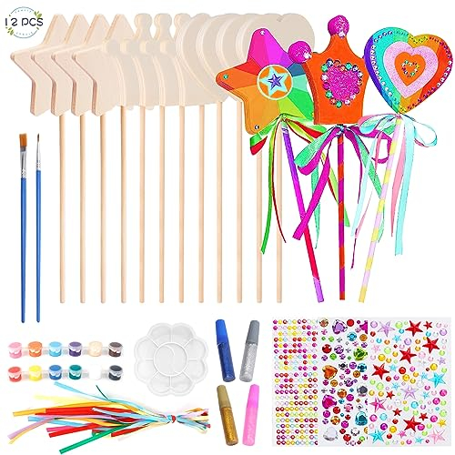 Towviy 12PCS Baguette Magique en Forme d’Etoile, Couronne et Cœur, Baguette Magique Princesse Baguette de Fée Accessoire Fille Cadeau Anniversaire Fille Kit de Bricolage Enfant 5 6 7 8 9 10 Ans