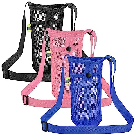 TSHAOUN 3 Pièces Sac de Bouteille D'eau en Filet, Couvercle de Bouteille D'eau avec Bandoulière Réglable, Sac pour Bouteille D'eau Portable pour Sport, Randonnée, Cyclisme, Voyages (Noir,Rose,Bleu)