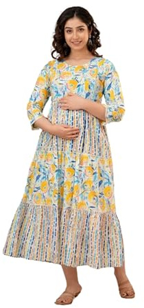 MAGHMA Women's Maternity Cotton Kurti for Feeding Dress with Zip Maxi Night Dress for Women, Bluesky Dori, M