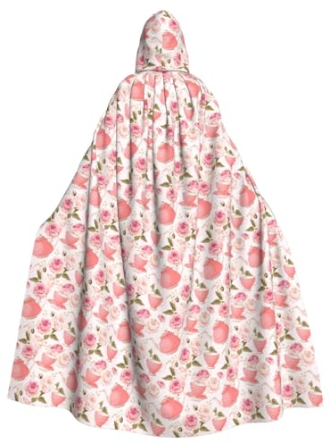 Tea Cups With Roses Romantic Shabby Womens Mens Full Length Carnival Cape With Hooded Cosplay Costumes Cloak,185cm