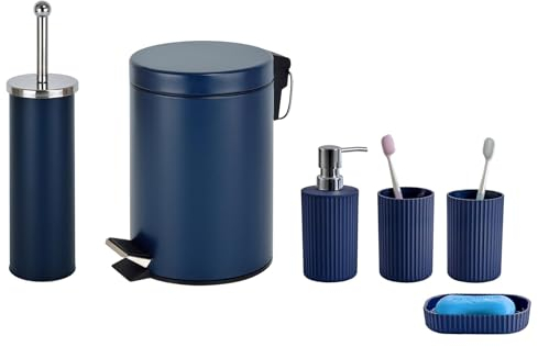 iTrend Blue Bathroom 6pc Set - Bathroom Accessory - Includes 3L Pedal Dustbin, Toilet Brush with Holder, Soap Dispenser, Soap Dish, 2 Tumblers for Toothbrush Holder - Modern Vanity Organiser Kit