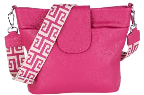 MIRROSI® Umhängetasche Damen, Echtleder, Made in Italy, BOHO Style30x24,50x9cm (BXHXT) viel Stauraum, Handtasche, Brusttasche, Crossbody Bag (1 Tasche & 2 Gurte) (Pink (NN))