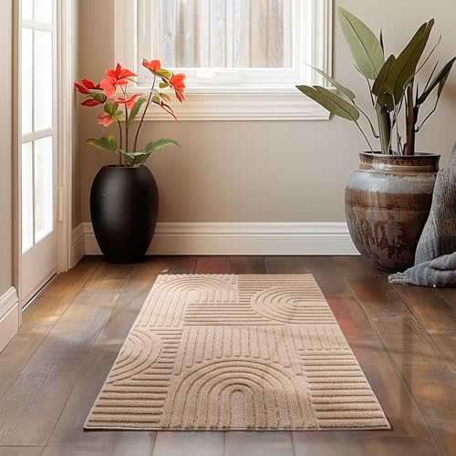 HomebyHome Kurzflor Teppich Läufer 60 x 110 cm Rosa Hoch-Tief 3D Effekt Teppich Waschbar, Flauschig und Extra Weich - Skandinavisch Boho Muster Teppich für Wohnzimmer, Schlafzimmer und Küche