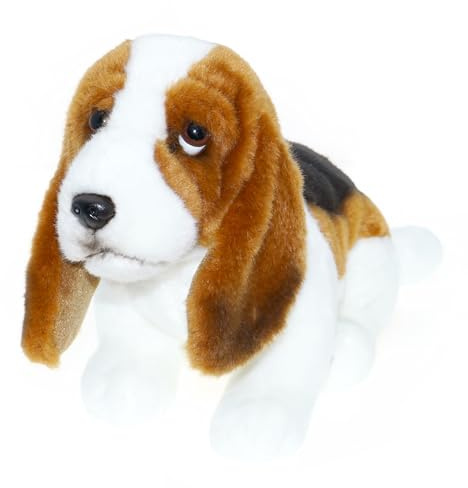 tachi Sitzender Plüschtier Hund, Basset Jagdhund, Kuscheltier, weiß braun, Stofftier 32 cm