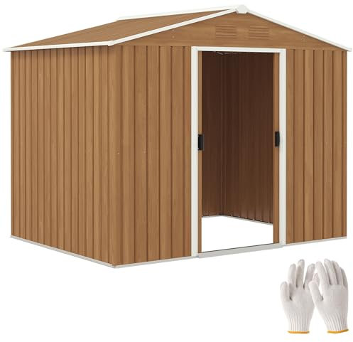 Outsunny 7.7 x 5.7ft Metal Garden Shed with Ventilation Slots and Sliding Doors, Galvanised Outdoor Tool Storage House, Brown Wood Effect