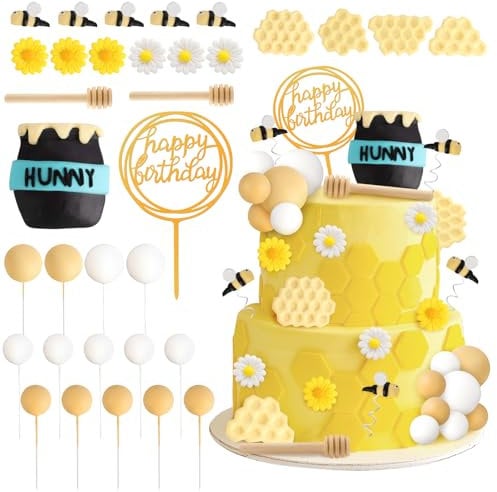 Hooqict Bienenkuchendekorationen mit Mini-Honigglas, Wabenmuster, Honigstäbchen, Bienenkuchenaufsätze für Kinder, Jungen, Mädchen, 1., 2., 3. Geburtstag, Party-Dekoration, Babyparty, 33 Stück