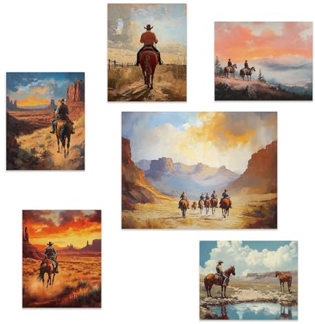 SUPERDANT 6CS Wandcollage Set Im Western Stil Cowboy Motiv Ölgemälde Bild Reitszene Wanddrucke Retro Poster Für Wohnzimmer Schlafzimmer Küche Arbeitszimmer Dekoration Ungerahmt