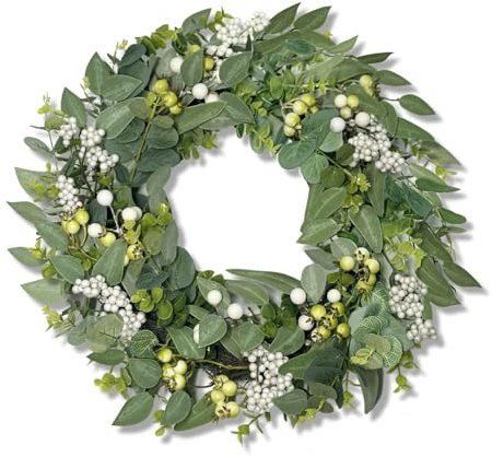 Eukalyptus Kranz für die Haustür, 50 cm/20 Zoll Grüner künstlicher Eukalyptus Kranz mit Beeren für Wände Fenster Veranda Partydekoration