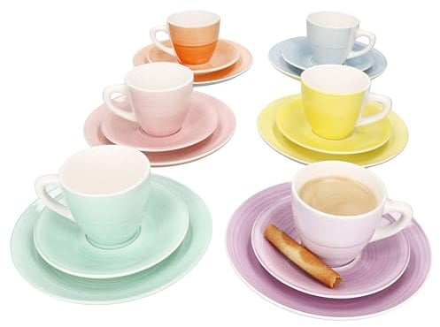MamboCat Spring 18tlg Kaffeeservice I Steingut Geschirr Set I je 6X Bunte Kuchenteller, Untertassen & Tassen 160ml I Gelb, Orange, Rosa, Lila, Mint & Blau I Kaffee & Kuchen