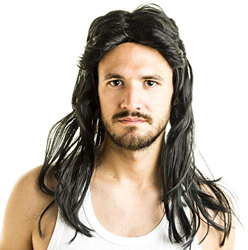 Mullet Wig - Black Fancy Dress Long Wig for Men and Women, Waynes World, Pulp Fiction, Vincent Vega, Snape Costume or 80s and 90s Heavy Metal Rocker wigs