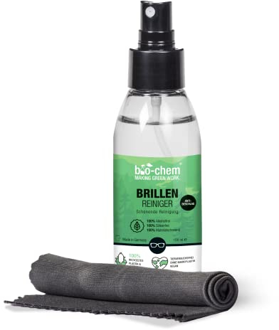 bio-chem Brillenreiniger Spray ohne Alkohol 100ml | Anti-Beschlag Brillenspray mit Mikrofasertuch | Reinigungsspray für Brillen, Display | Brillenputzmittel Made in Germany