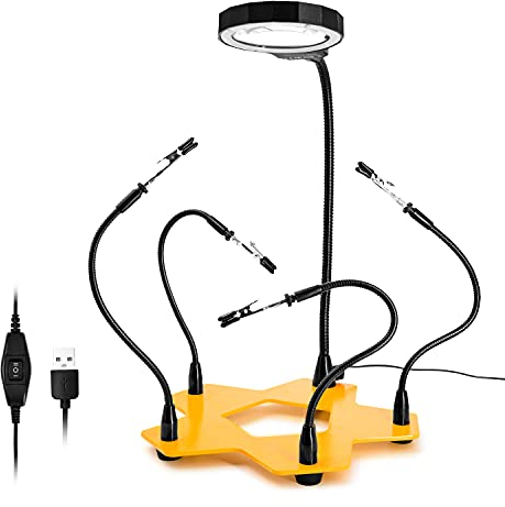 Fstop Labs Kotto Led Iluminado Lupa Tercera Mano Soldadura Pcb Portaherramientas Cinco Brazos Manos Amigas Manualidades Joyería Hobby Taller Estación de Ayuda Base Pesada Antideslizante, Lámpara Led