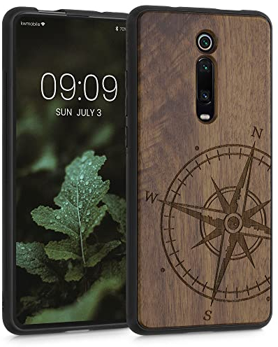 kwmobile Hülle kompatibel mit Xiaomi Mi 9T (Pro) / Redmi K20 (Pro) Hülle - Holz Case - Handy Cover - TPU Handyhülle in Dunkelbraun Kompass Vintage