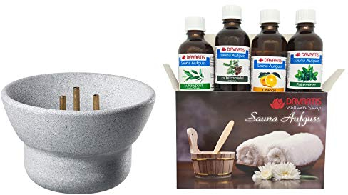 Davartis - Saunamaestro Springbrunnen aus Speckstein + 4x 50ml Sauna Aufguss Konzentrate in Geschenkverpackung (Eukalyptus (extra stark), Orange, Fichtennadel (intensiv), Polarminze)