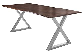 SAM Esstisch 240x100 cm Lubin, Akazienholz nussbaumfarben, Massiver Esszimmertisch mit echter Baumkante, Baumkantentisch mit geschlossenem X-Gestell Silber, 26 mm Tischplatte