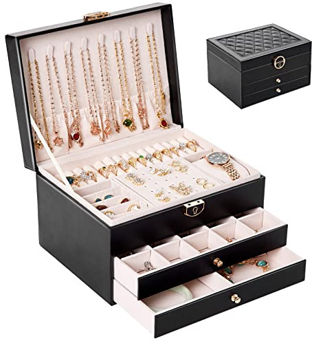 Zumier Vintage-Schmuckschatulle, Organizer für Damen, 3-lagig, groß, aus PU-Leder, mit Schloss, abnehmbar für Ringe und Halskette, schwarz (schwarz)