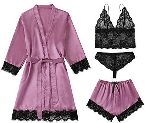 Jamron Femme Sexy Dentelle Florale 4 Pièces Ensemble Pyjama en Satin Babydoll Tenue Lingerie Érotique SN070316 Violet S