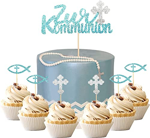 13 Stück Zur Kommunion Torten Topper,Junge Taufe Tortendeko Fische Streudeko Kreuz Kuchendekoration Taufe Kuchendekoration Taufe Cupcake Dekoration für Junge (Blau)