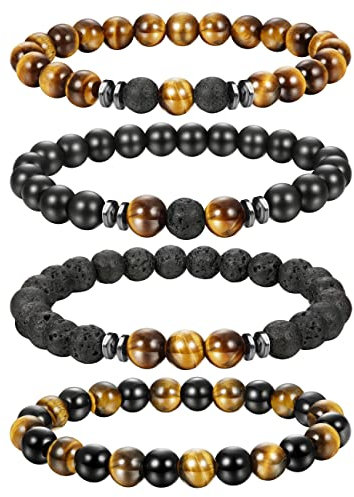 Adramata 4 Stück Herren Armbander Damen Perlen Armband Yoga Armband Naturstein Armband Tigerauge Stretch Armbänder Angst Armbander für Herren Damen Geschenk für Herren