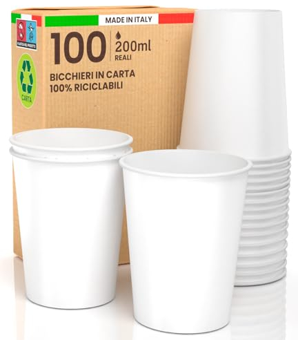 100 Bicchieri in Carta Bianchi 200ml Ecologici Biodegradabili Monouso Made in Italy Asporto Bevande Calde Acqua - Prodotto e confezionato in Italia