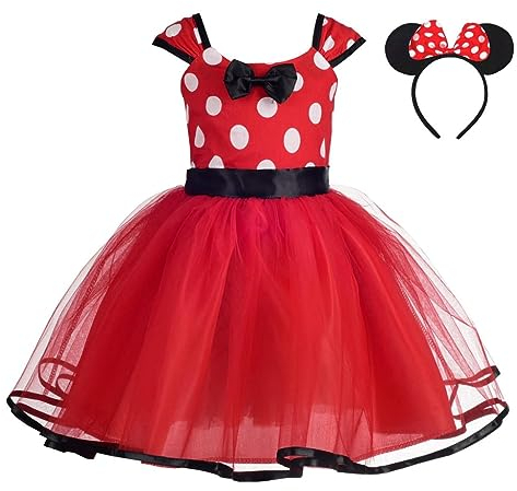 Lito Angels Minnie Fancy Dress Up Costume with Mouse Ears Hair Hoop for Kids Girls, Halloween Birthday Party Mini Polka Dot Tulle Skirt, Age 5-6 Years (Tag Number 140), Red