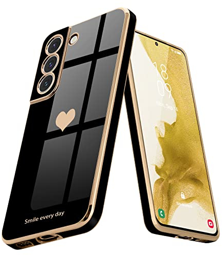 Teageo Kompatibel mit Samsung Galaxy S22 5G Hülle, Süße Herzmuster Mädchen Handyhülle Luxuriös Galvanisierte Glitzer Weich TPU Kameraschutz Kratzfest Stoßfest Schutzhülle für Samsung S22 5G, Schwarz