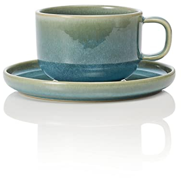 ROCKZZERO 6 Espressotassen und Untertassen im Set - Steingut, spülmaschinenfest - Tassen aus umweltfreundlichen Rohstoffen - Grün - 9 cl - Unterteller 11,5 cm Durchmesser