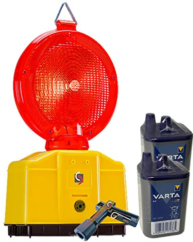 UvV Baustellenleuchten Set inkl. 2 x 6 Volt Varta Batterie + LED Warnleuchte rot mit Halter, 1 x Lampenschlüssel