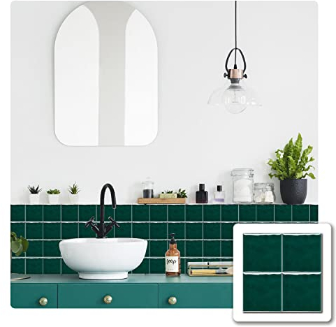 Alwayspon Green Mosaic Effect Thick Tile Sticker, Vinyl Peel and Stick Self-Adhesive Splashback Waterproof Stick on Tile Transfer Sticker for Kitchen Bathroom Wall, 15x15cmx10pcs