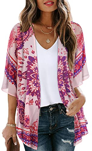 Kimono Cardigan da donna, motivo floreale, maniche a sbuffo, fodera larga, viola, rosa, XXXL