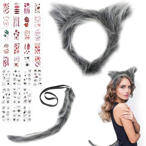 TECHEEL Costume de loup, serre-tête de loup-garou, queue de loup et oreilles de loup, 20 autocollants de tatouage cicatrices, 10 autocollants de tatouage d'araignée, pour homme et femme, accessoires