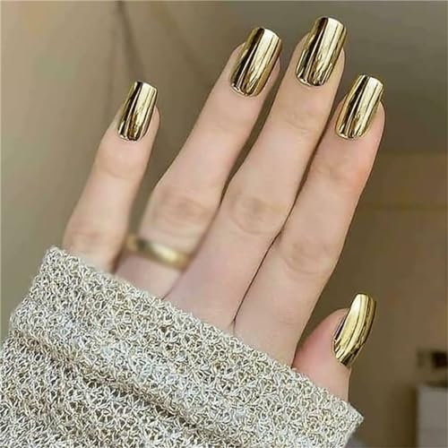 Mirror Gold Metallic Fake Nail Short Square Tips Press on Nails for Women and Girls Nail Art Manicure 24pcs