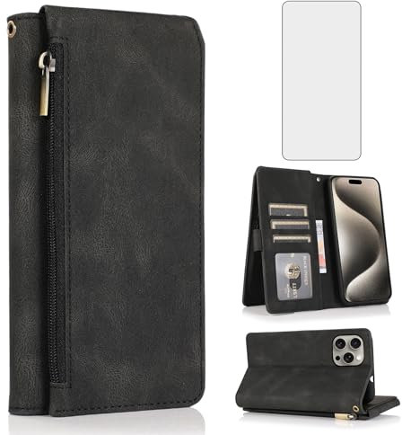 Compatible with iPhone 15 Pro Max 6.7 inch Wallet Case Screen Protector and Zipper Leather Flip Cover Card Holder Stand Cell Accessories for iPhone15promax 5G i Phone15Max Plus iPhone15 ProMax Black