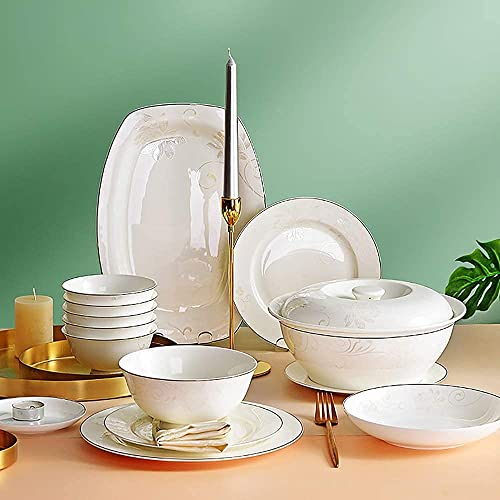 56-Piece Bone China Dinnerware Set, White Round Porcelain Kitchen and Dinner Plates Dinnerware Bowls Soup Pot Spoon with Gold Rim Service for 12
