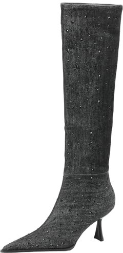 XINXINIO Stivali alti al ginocchio da donna con punta a punta, stivali da equitazione con tacco sottile e strass, Nero , 38 EU