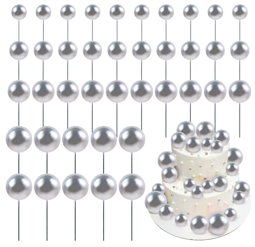 Blumomon 40Pcs Silver Balls Cake Topper DIY Cake Insert Toppers Ball Cake Picks Cupcake Topper for Birthday Party Baby Shower Wedding Cake Decoration