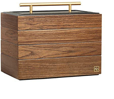 Boite a Bijoux Boîte à bijoux décorative 4 couches boîte à bijoux en bois massif pour femmes Armoire à bijoux bague collier boîte de rangement cadeau organisateur de couleur bois de noyer avec poignée
