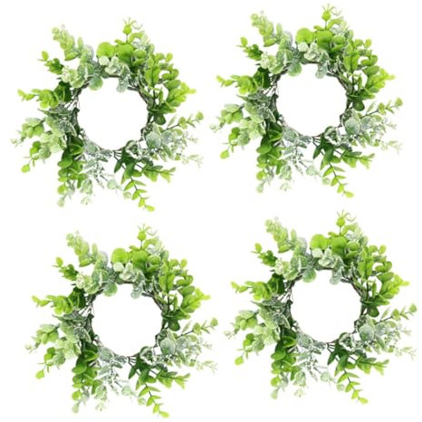 RORPOIR 4 Stück Kerzenständer Girlande Hochzeits Layout Requisiten Kerzenkränze Blatt Kerzenringe Eukalyptus Kerzenmittelstücke Kerzenkranz Für Säulen Hängekranz Kerzenringe Für