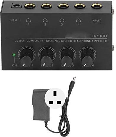 HERCHR Headphone Amplifier, HA400 Ultra Compact 4 Channel Stereo Headphone Amplifier Low Noise Earphone Amplifier 100‑240V for Studio, Stage(British system)