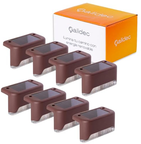 Galidec Mini Luces solares para exterior, 8 uds, color Marrón, luz de escalera, impermeable, carga solar LED, escaleras exteriores, escalones, patio, vallas, galileds. Luz Templada (Marrón, 8 uds)