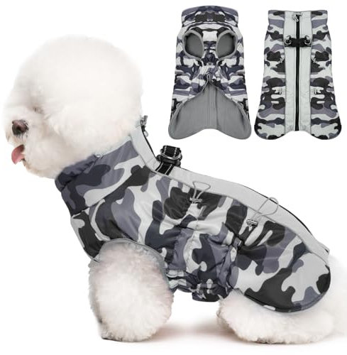 Katzinst Hunde Wintermantel Wasserbeständig, Verstellbarer Halsausschnitt, Hundemantel mit Geschirr und Durch Verstellbare Gummizüge, Hundebekleidung für Mittlere Hunde, Cocker Spaniel, Grau, M