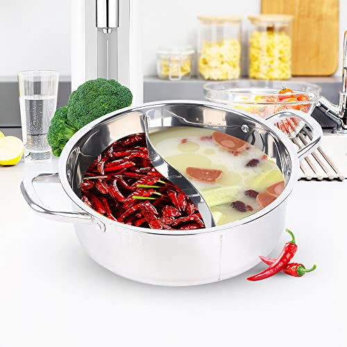 30cm Edelstahl Hot Pot Topf Kochtopf mit 2 Kammern Feuertopf Shabu Shabu Deckel Kochen Suppentopf für Induktionsherd, Gasherd, Elektrokeramikherd