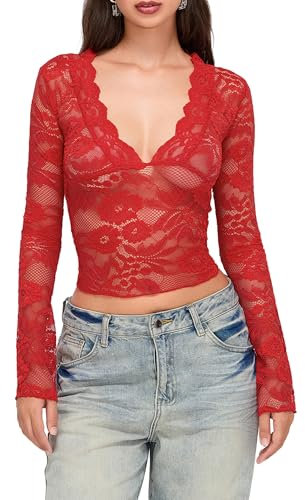 LYSINK Womens Lace Crop Tops Y2k Sexy Deep V-Neck Long Sleeve Sheer Mesh Tops Vintage Lace Floral Coquette Top (A-Red, M)